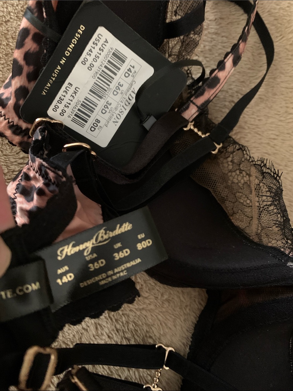 Honey Birdette “Addison” Leopard Black Lace Trim Three-Piece Lingerie Set - Picture 4 of 9